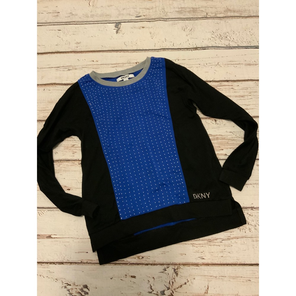 DKNY Girls Long Sleeve Top Blue Black Studded Rhinestone Logo Size M